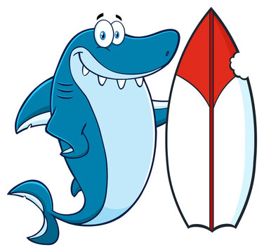 Smiling Blue Shark Cartoon Mascot Character With Surfboard. Hand Drawn Illustration Isolated On Transparent Background