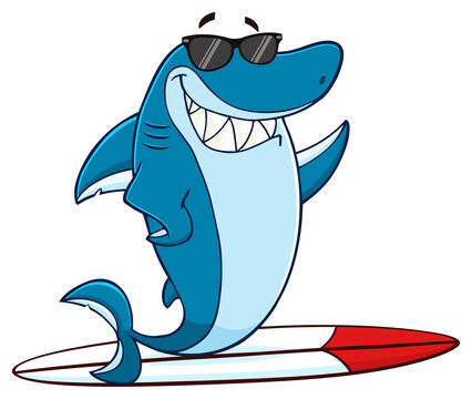 Smiling Blue Shark Cartoon Mascot Character With Sunglasses Surfing And Waving. Hand Drawn Illustration Isolated On Transparent Background