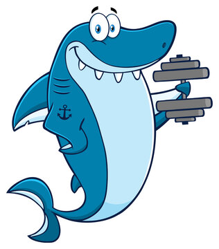 Smiling Blue Shark Cartoon Mascot Character Training With Dumbbells. Hand Drawn Illustration Isolated On Transparent Background