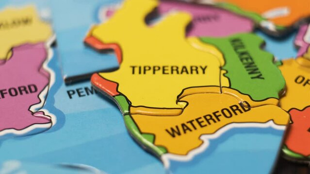 Ireland Map Puzzle Blocks with Irish Cities Belfast, Dublin, Cork, etc. Close-Up Video Background, Dolly Footage.