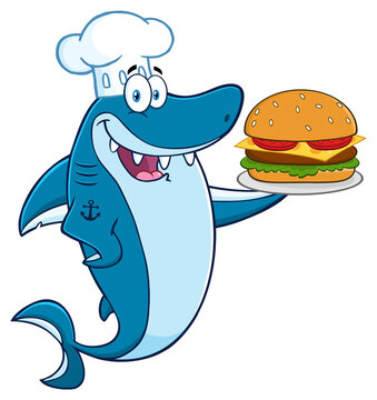 Chef Blue Shark Cartoon Mascot Character Holding A Big Burger. Hand Drawn Illustration Isolated On Transparent Background
