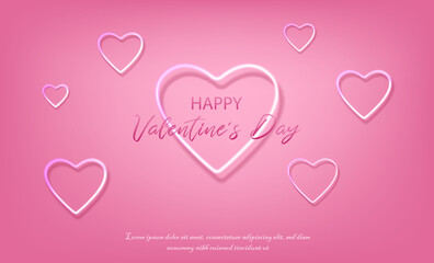 3d realistic vector Valentines banner. Romantic celebration banner, flyer, web, greeting card. Pink neon heart on pink background.