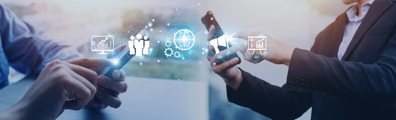 Hand shows the sign and icon of Digital marketing internet advertising and sales increase business...
