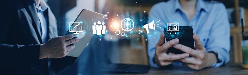 Hand shows the sign and icon of Digital marketing internet advertising and sales increase business...