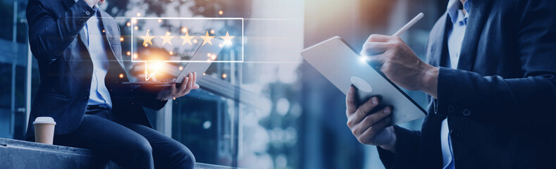 Customer review satisfaction feedback survey concept, User give rating to service experience on online application, Customer can evaluate quality of service leading to reputation ranking of business.