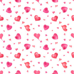 Watercolor seamless pattern of hearts isolated on white background. Design idea for postcard, poster, scrapbooking, invitations, background, prints, wallpaper, fabric, textile, wrapping.