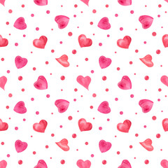 Watercolor seamless pattern of hearts isolated on white background. Design idea for postcard, poster, scrapbooking, invitations, background, prints, wallpaper, fabric, textile, wrapping.