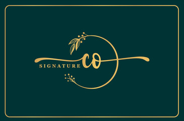 luxury gold signature initial Co logo design isolated leaf and flower