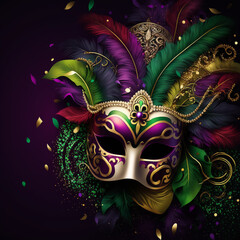 Venetian Carnival Mask Illustration, Mardi Gras, Fat Tuesday, Purple Green Gold, Generative AI