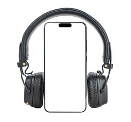 Mobile phone screen mockup, black headphones isolated on white background. Smartphone display mock up and head phones for listening music, audio, podcast app - obrazy, fototapety, plakaty
