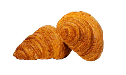 Two fresh baked croissants, French bakery composition isolated on white background