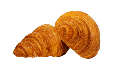 Two fresh baked croissants, French bakery composition isolated on white background