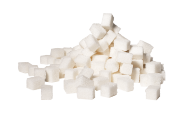 Refined sugar cubes pieces in pile, heap. Lot of sweet blocks isolated on white background