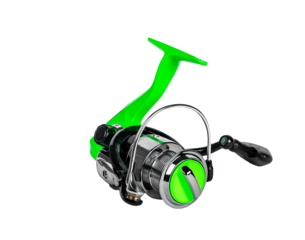 Fishing reel, spinning tool for rod, angler isolated on white