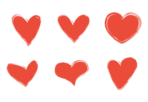 Heart symbols isolated on white background. Red hand drawn icons for love, wedding.