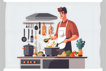 Man cooking food from a recipe kit, following recipe and cooking in kitchen with ingredients, home chef, home cooking
