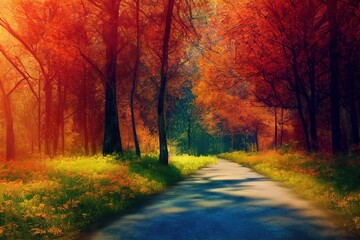 Naklejka na ściany i meble Road Through Autumn Trees (Generative AI)