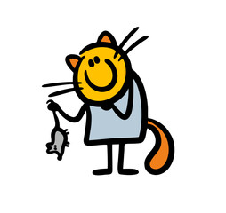 Contented cat holds a mouse by the tail and smiles insidiously.