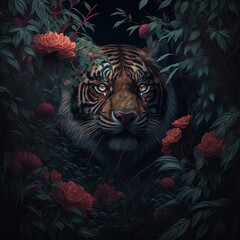 Detailed hidden in leaves with roses tiger head 