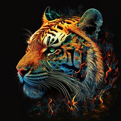 Detailed tiger head with flames