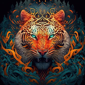 Detailed tiger head 3d render with flames