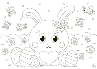 Cute coloring page for easter holidays with bunny character holding heart and eggs around in scandinavian style