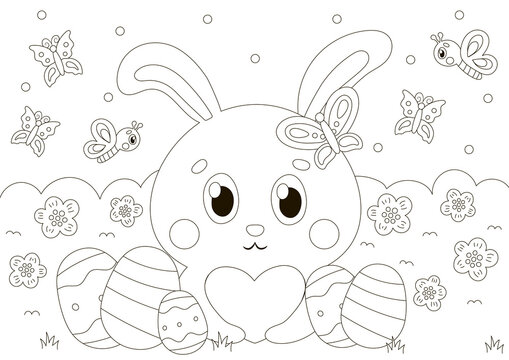 Cute coloring page for easter holidays with bunny character holding heart and eggs around in scandinavian style