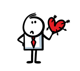 Funny man in office suit holds a heart pierced with arrows in his hands.