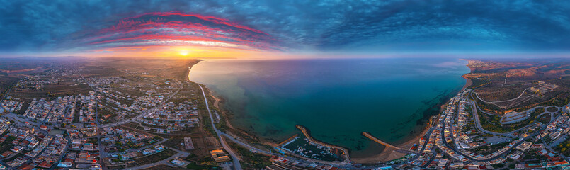 sicily coast morning mediterranean sea italy aerial airpano 360° - obrazy, fototapety, plakaty