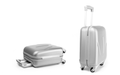 Suitcase isolated on white. Silver travel baggage bag or plastic