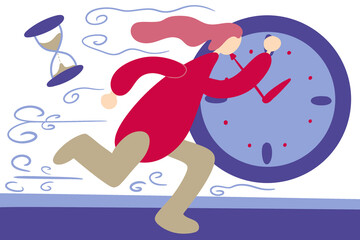 Drawing of a girl running along the road. An ordinary clock, an hourglass and guts of wind depicted around her. Hand-drawn in minimalist style. On a white background, isolated. Suitable for sport.