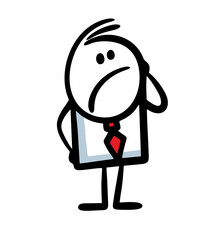 A puzzled character in a business suit looks up.