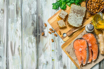 Healthy food. Salmon with honey, nuts and vegetables.
