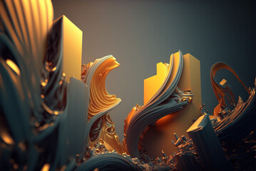 Abstract amber, gold waves material background. surreal flow lines forms. Blender render. Design golden element.