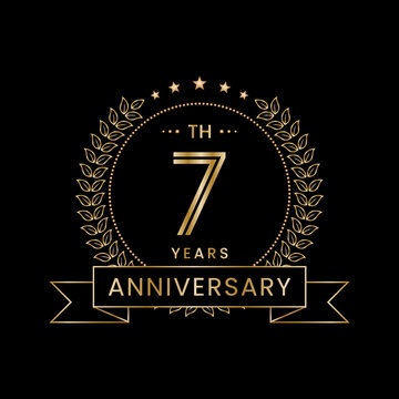 7th Anniversary logo design with laurel wreath for celebration event, invitation, banner, poster, flyer, greeting card. Line Art Design, Logo Vector Illustration