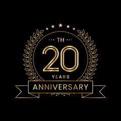 20th Anniversary logo  design with laurel wreath for celebration event, invitation, banner, poster, flyer, greeting card. Line Art Design, Logo Vector Illustration