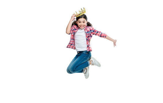 childhood of girl in crown in studio. childhood of girl in crown on background. photo of girl in crown