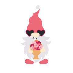 Vector illustration of cute gnome in love with bouquet of hearts. Valentines day design.