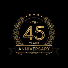 45th Anniversary logo design with laurel wreath for celebration event, invitation, banner, poster, flyer, greeting card. Line Art Design, Logo Vector Illustration