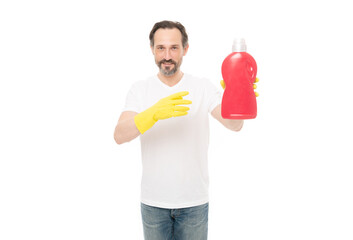 man with laundry detergent isolated on white, advertisement.