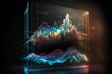 Business economic charts with light effects, neon. Abstract neon background, growth and fall analytics. Made by AI
