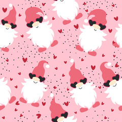 Seamless pattern with gnomes, gifts and hearts. Valentine's day design. Vector illustration isolated on pink background.