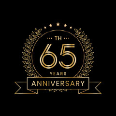 65th Anniversary logo design with laurel wreath for celebration event, invitation, banner, poster, flyer, greeting card. Line Art Design, Logo Vector Illustration