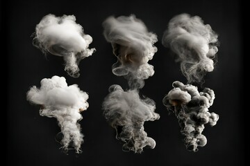 set of smoke or steam clouds flame isolated on black background