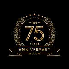 75th Anniversary logo design with laurel wreath for celebration event, invitation, banner, poster, flyer, greeting card. Line Art Design, Logo Vector Illustration