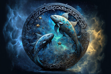 Zodiac sign of Pisces, fantasy fish with magic light in space, generative AI