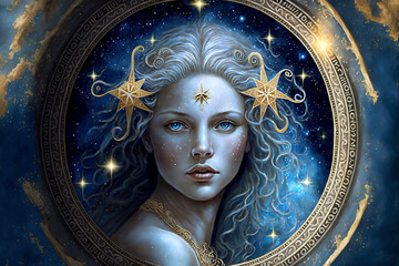Zodiac sign of Virgo, fictional beautiful woman with magic starry sky, generative AI - obrazy, fototapety, plakaty