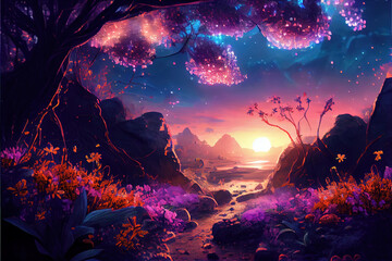 Fairytale forest at night, scenery of fantasy purple flowers and blossom, generative AI