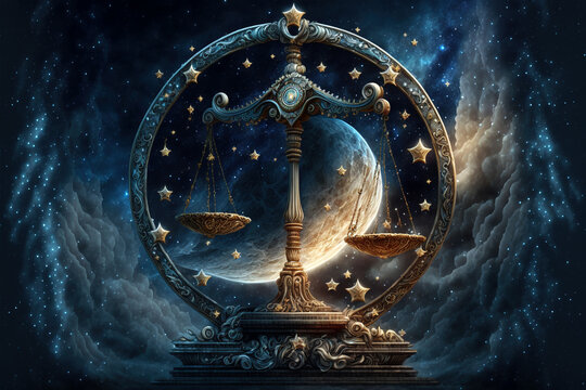 Zodiac sign of Libra, scales with magic light and stars in space, generative AI