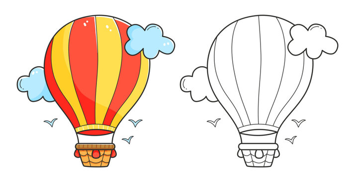 Airship coloring book with an example of coloring for children. Coloring page with airship. Monochrome and colour version. Vector children's illustration.